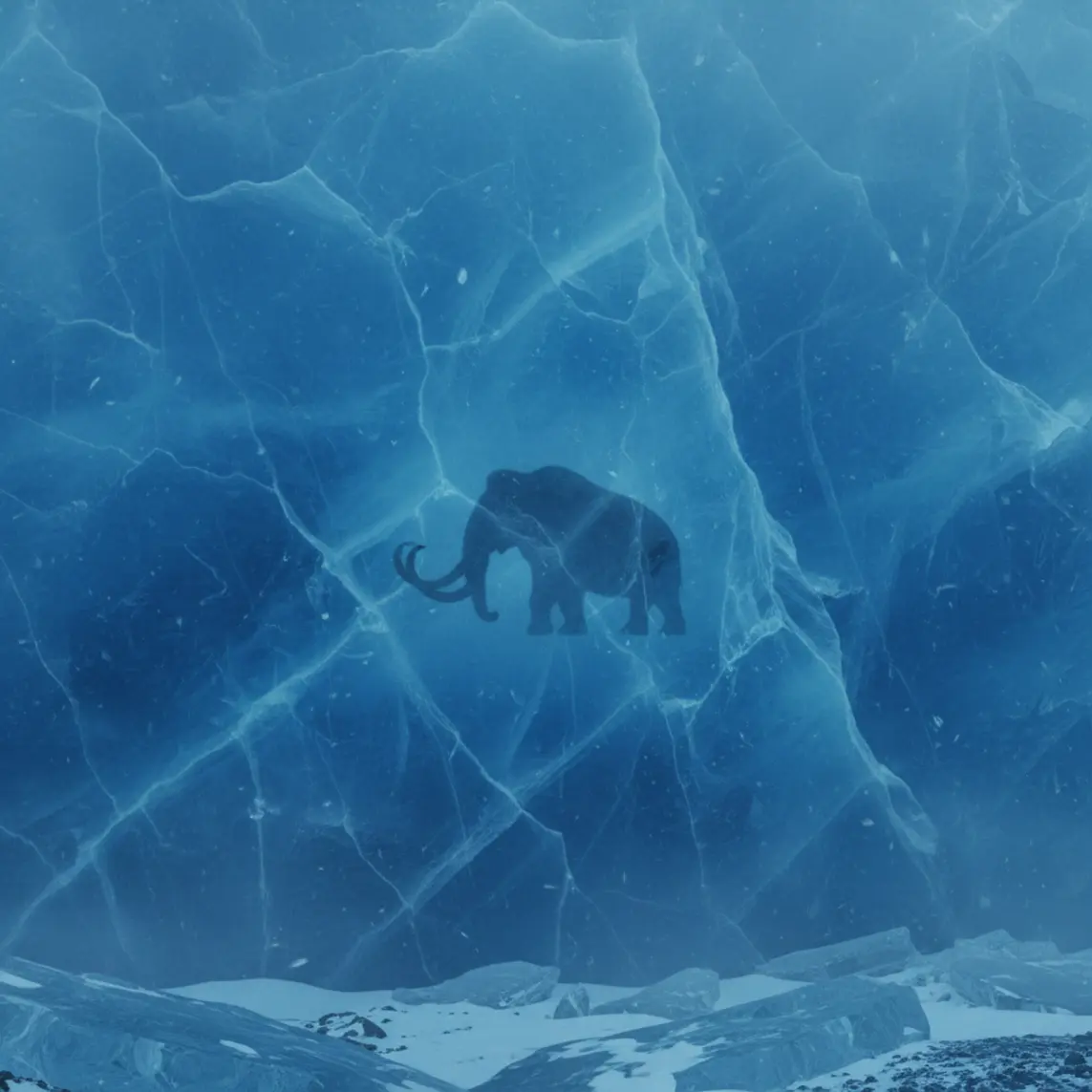 A faint shadow of a mammoth frozen inside an ice wall