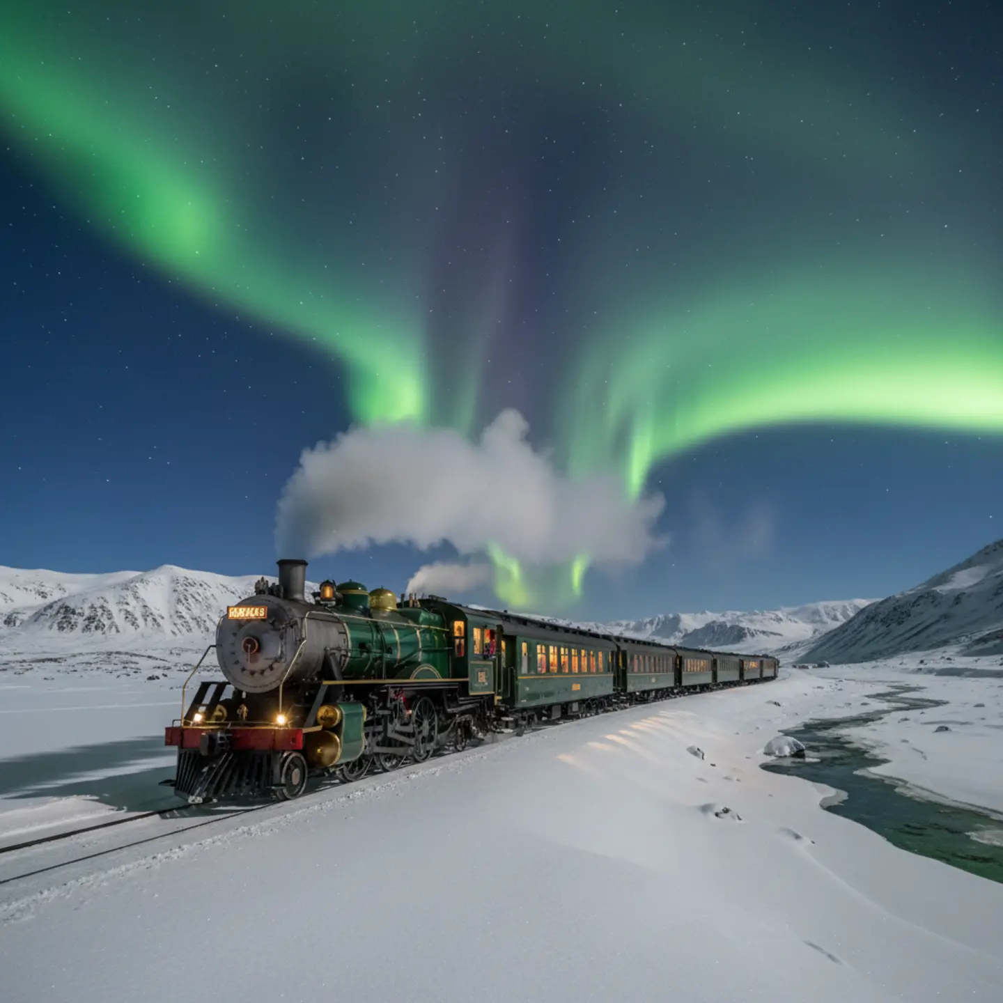 Majestic view of a luxury train traveling through the snowy tundra under the northern lights